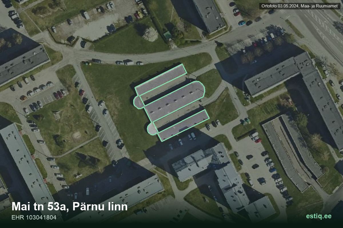 Mai tänav 53a, Pärnu – hoone aerofoto, kontuur ehitisregistri (EHR) andmetest