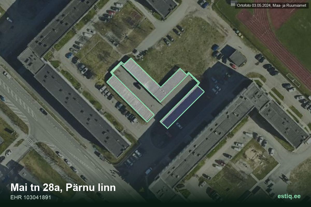 Mai tänav 28a, Pärnu – hoone aerofoto, kontuur ehitisregistri (EHR) andmetest