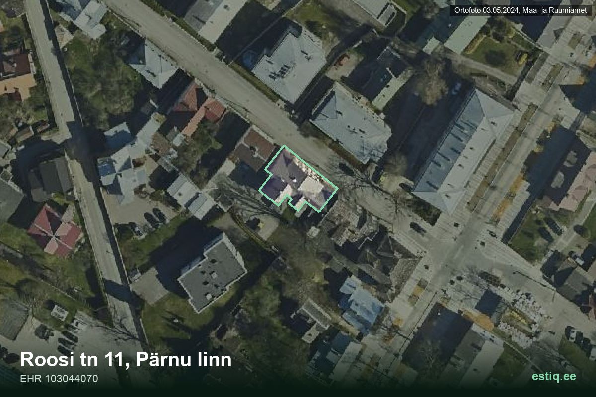 Roosi tänav 11, Pärnu – hoone aerofoto, kontuur ehitisregistri (EHR) andmetest