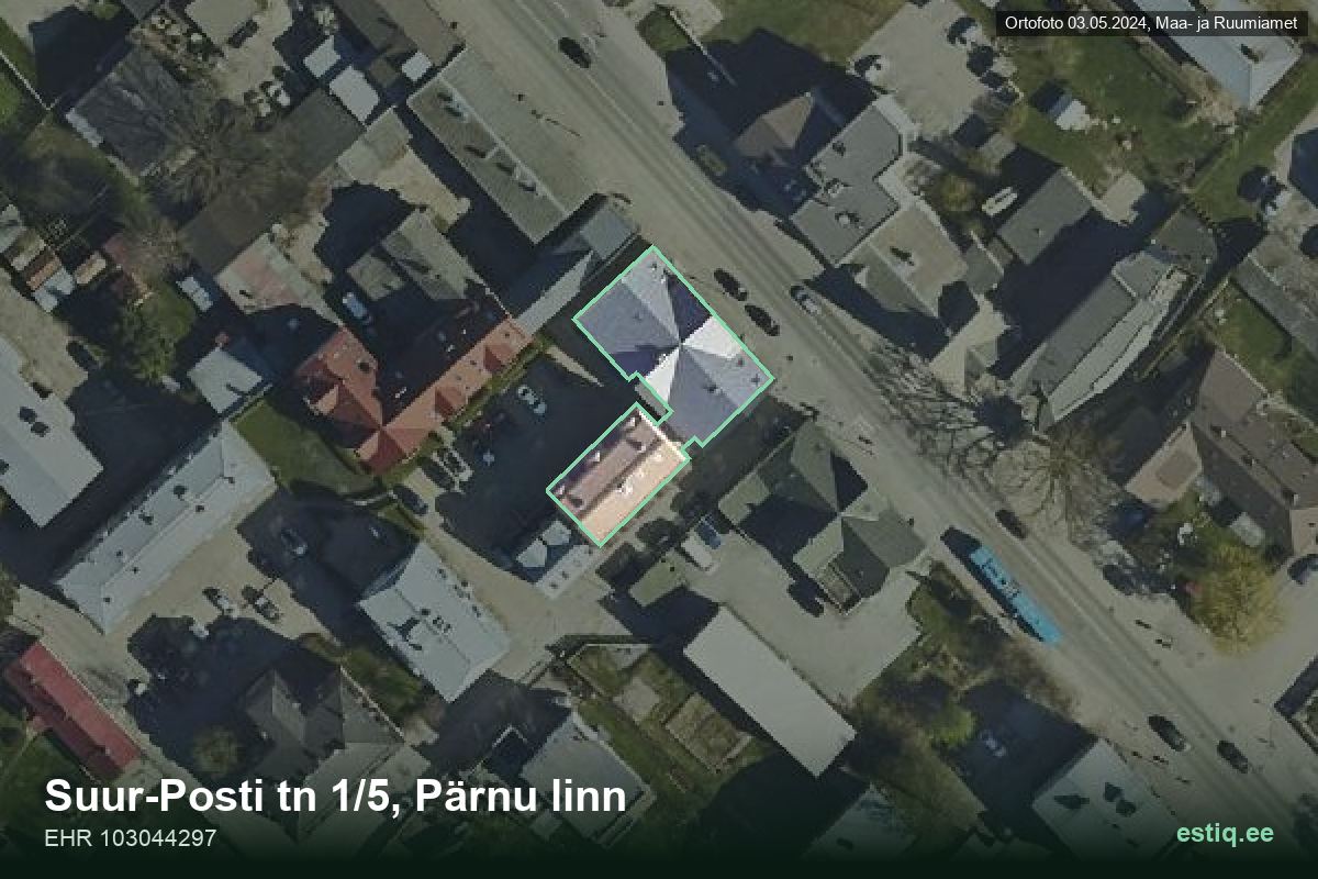 Suur-Posti tänav 1/5, Pärnu – hoone aerofoto, kontuur ehitisregistri (EHR) andmetest