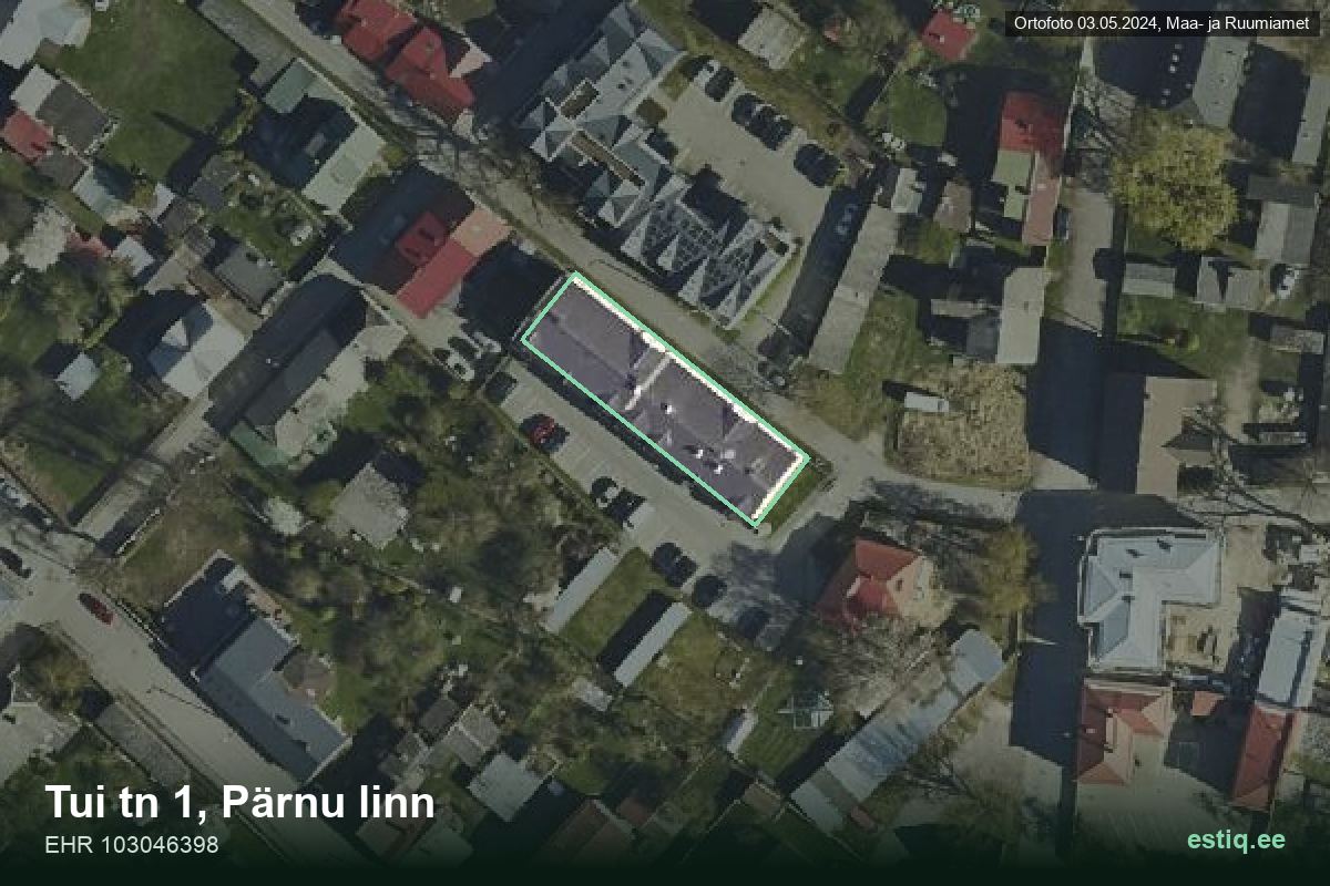 Tui tänav 1, Pärnu – ilmakuva rakennuksesta, ääriviiva rakennusrekisteristä (EHR)