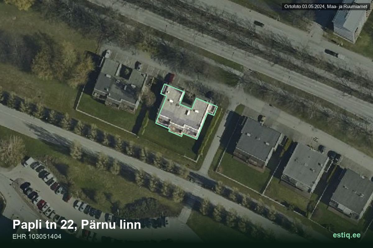 Papli tänav 22, Pärnu – аэрофото дома, контур по данным регистра строений (EHR)