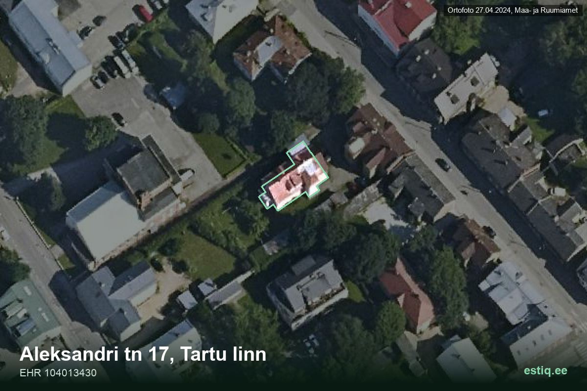 Aleksandri tänav 17, Tartu – hoone aerofoto, kontuur ehitisregistri (EHR) andmetest