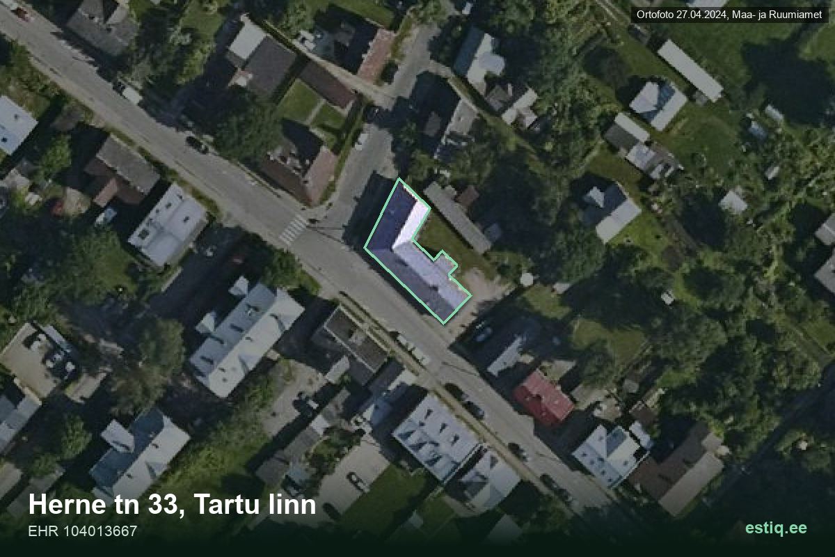 Herne tänav 33, Tartu – hoone aerofoto, kontuur ehitisregistri (EHR) andmetest