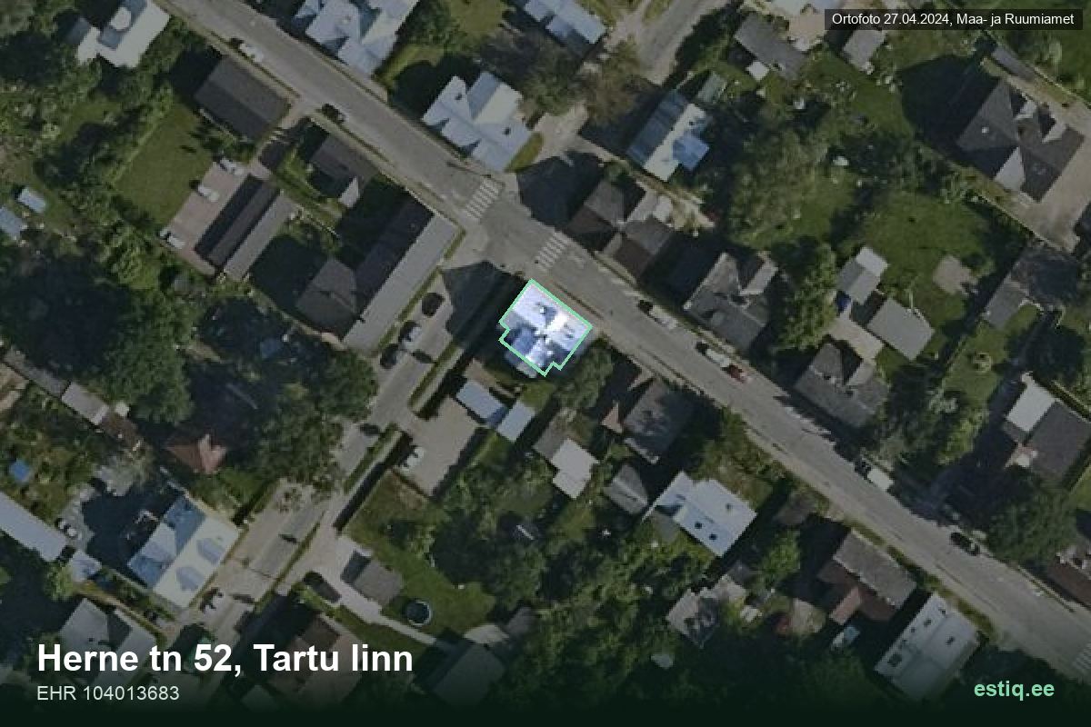 Herne tänav 52, Tartu – ilmakuva rakennuksesta, ääriviiva rakennusrekisteristä (EHR)