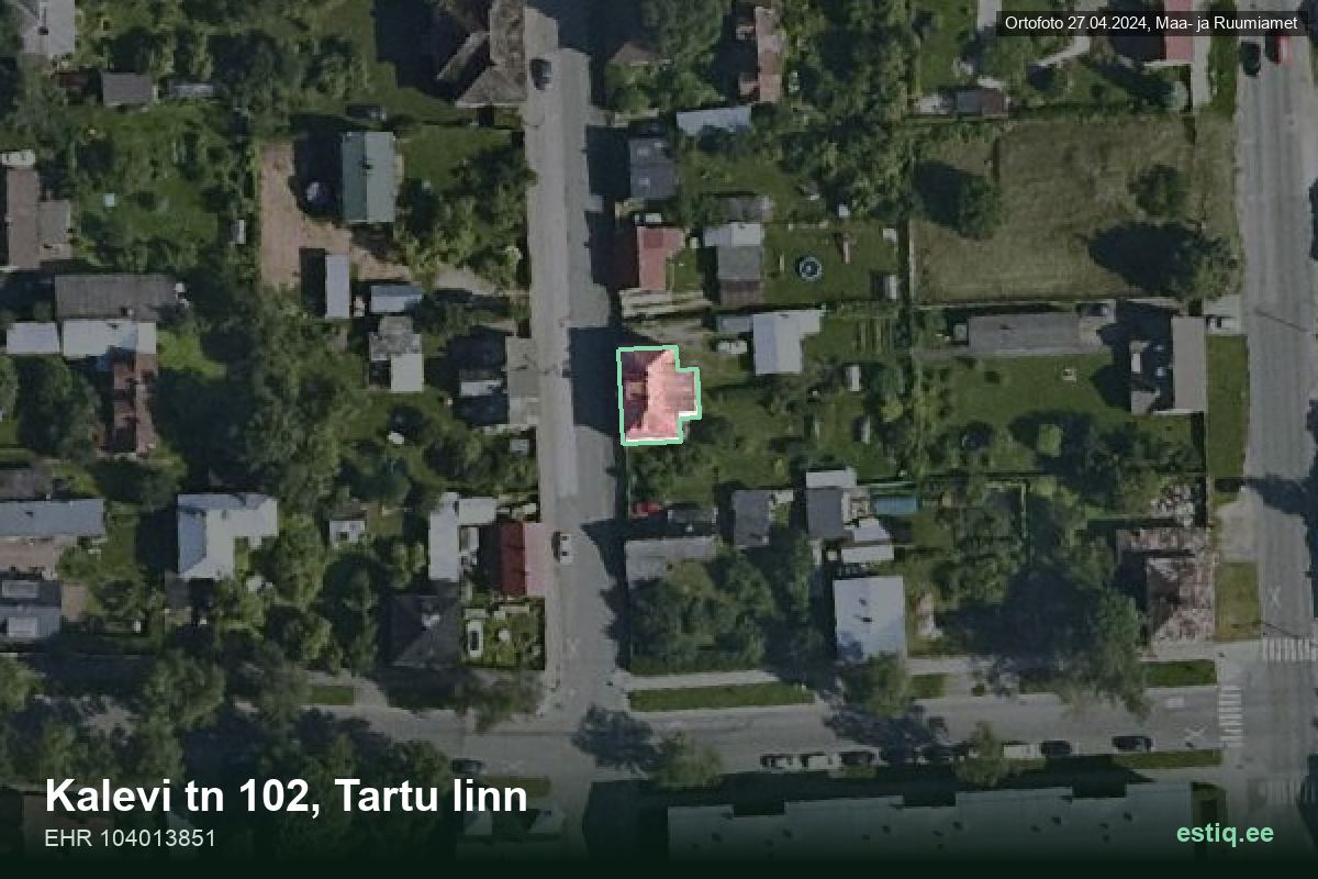 Kalevi tänav 102, Tartu – hoone aerofoto, kontuur ehitisregistri (EHR) andmetest