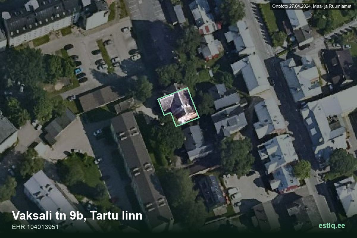 Vaksali tänav 9b, Tartu – hoone aerofoto, kontuur ehitisregistri (EHR) andmetest