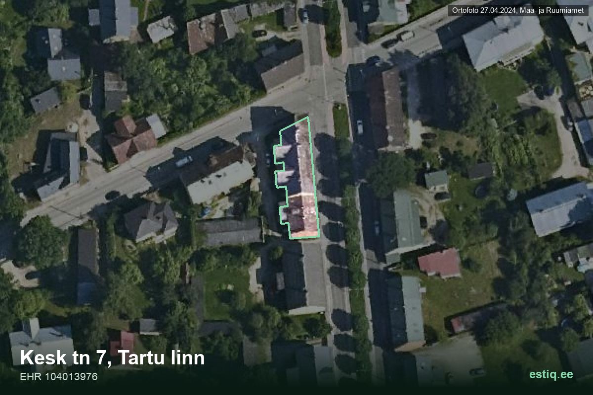 Kesk tänav 7, Tartu – ilmakuva rakennuksesta, ääriviiva rakennusrekisteristä (EHR)