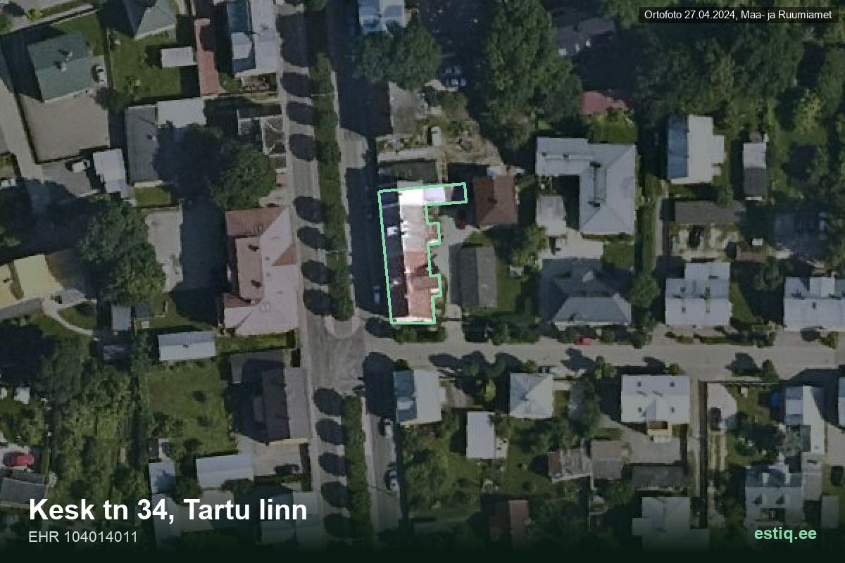 Kesk tänav 34, Tartu – hoone aerofoto, kontuur ehitisregistri (EHR) andmetest