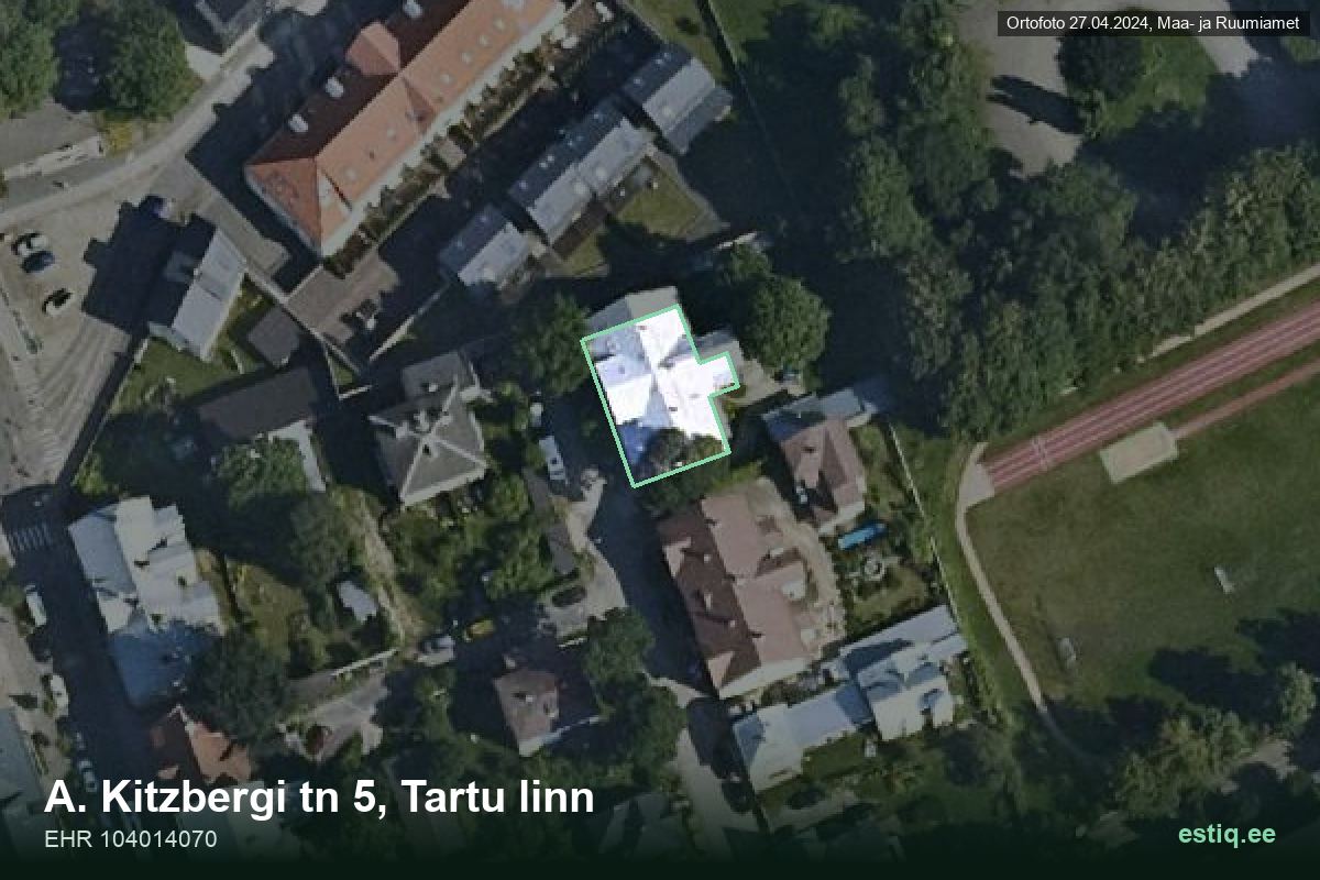 A. Kitzbergi tänav 5, Tartu – hoone aerofoto, kontuur ehitisregistri (EHR) andmetest