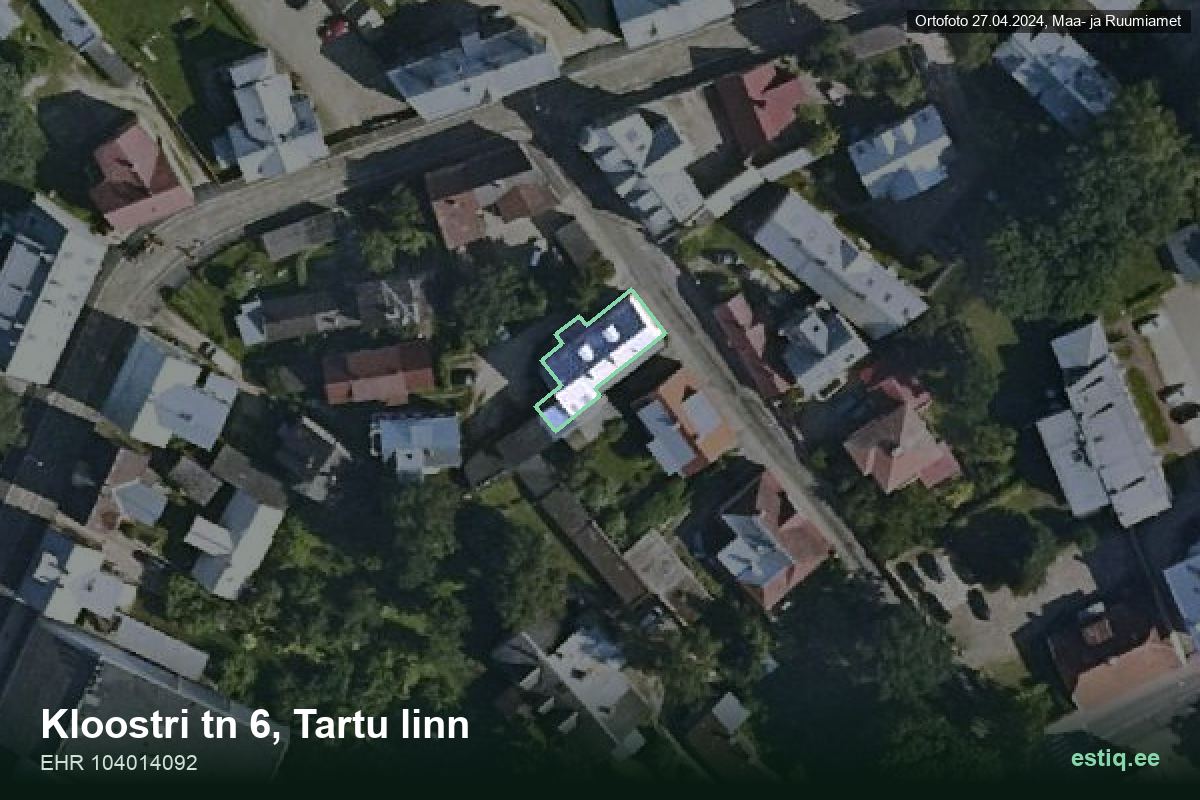 Kloostri tänav 6, Tartu – hoone aerofoto, kontuur ehitisregistri (EHR) andmetest