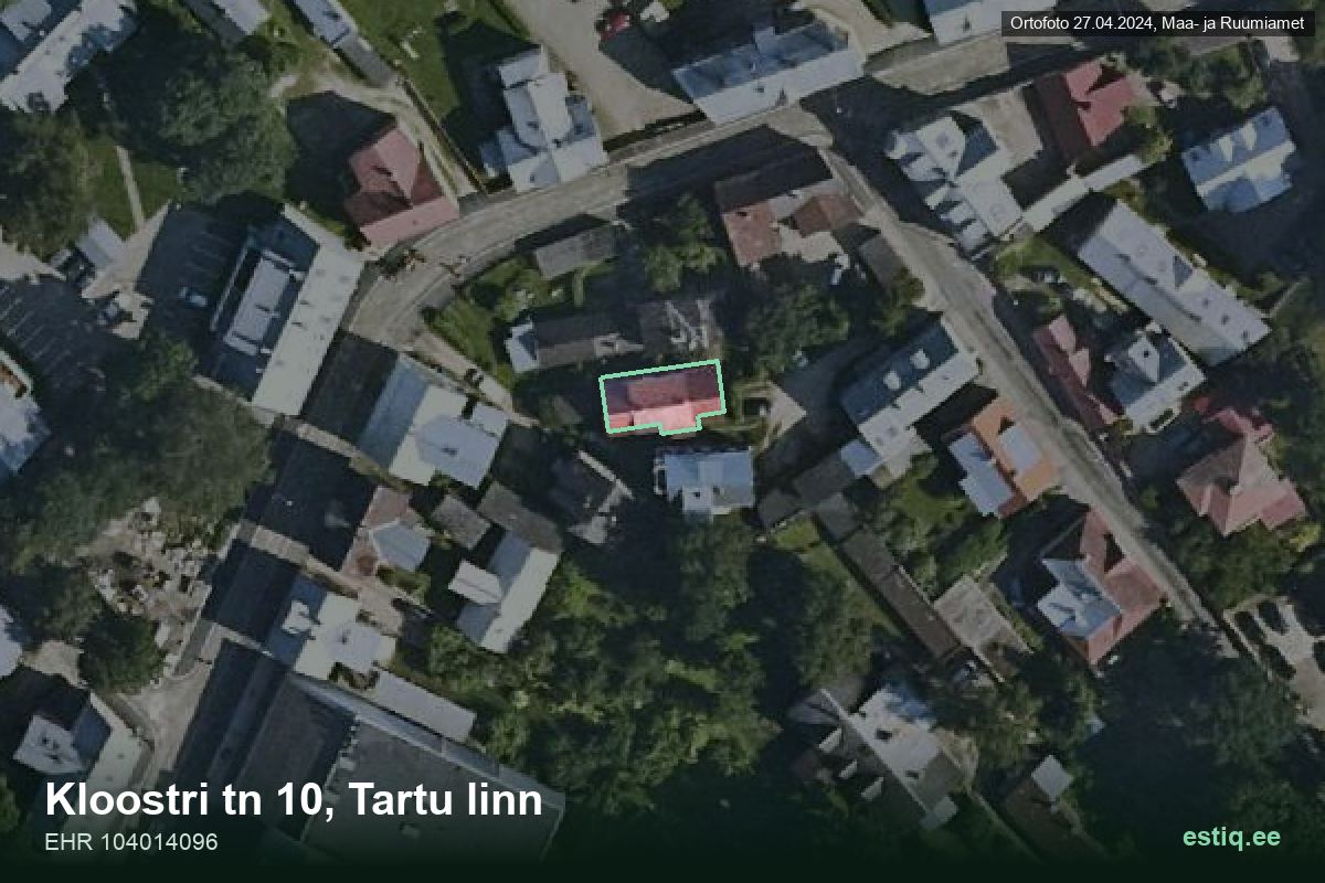 Kloostri tänav 10, Tartu – hoone aerofoto, kontuur ehitisregistri (EHR) andmetest
