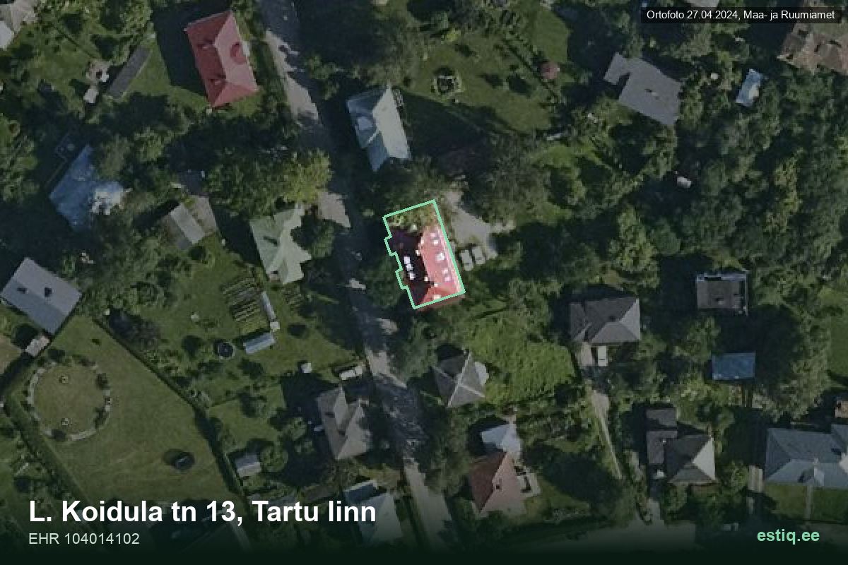 L. Koidula tänav 13, Tartu – hoone aerofoto, kontuur ehitisregistri (EHR) andmetest