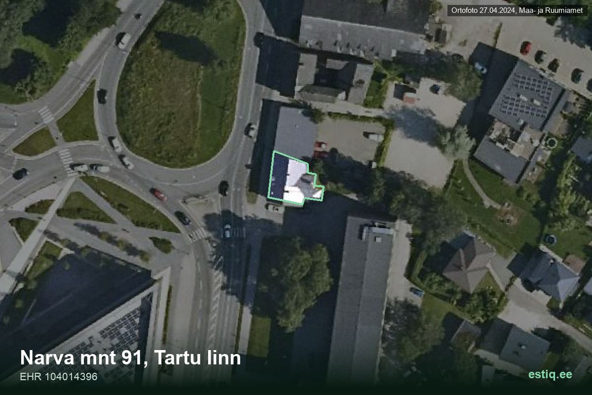 Narva mnt 91, Tartu – аэрофото дома, контур по данным регистра строений (EHR)