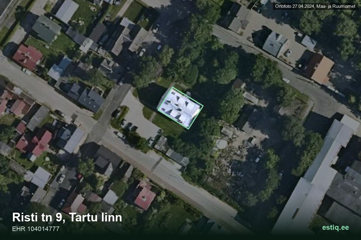 Risti tänav 9, Tartu – аэрофото дома, контур по данным регистра строений (EHR)