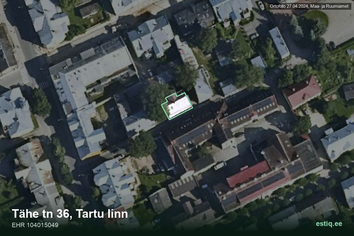 Tähe tänav 36, Tartu – hoone aerofoto, kontuur ehitisregistri (EHR) andmetest