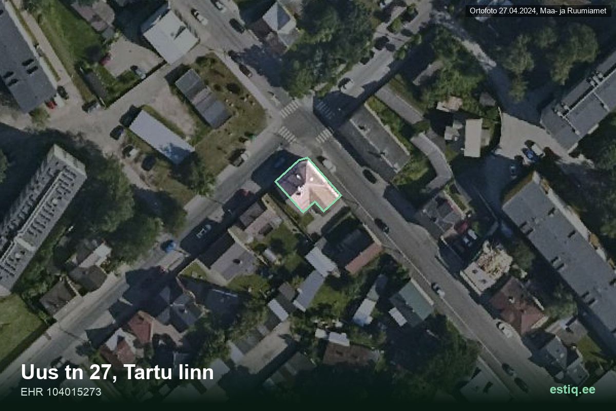 Uus tänav 27, Tartu – hoone aerofoto, kontuur ehitisregistri (EHR) andmetest