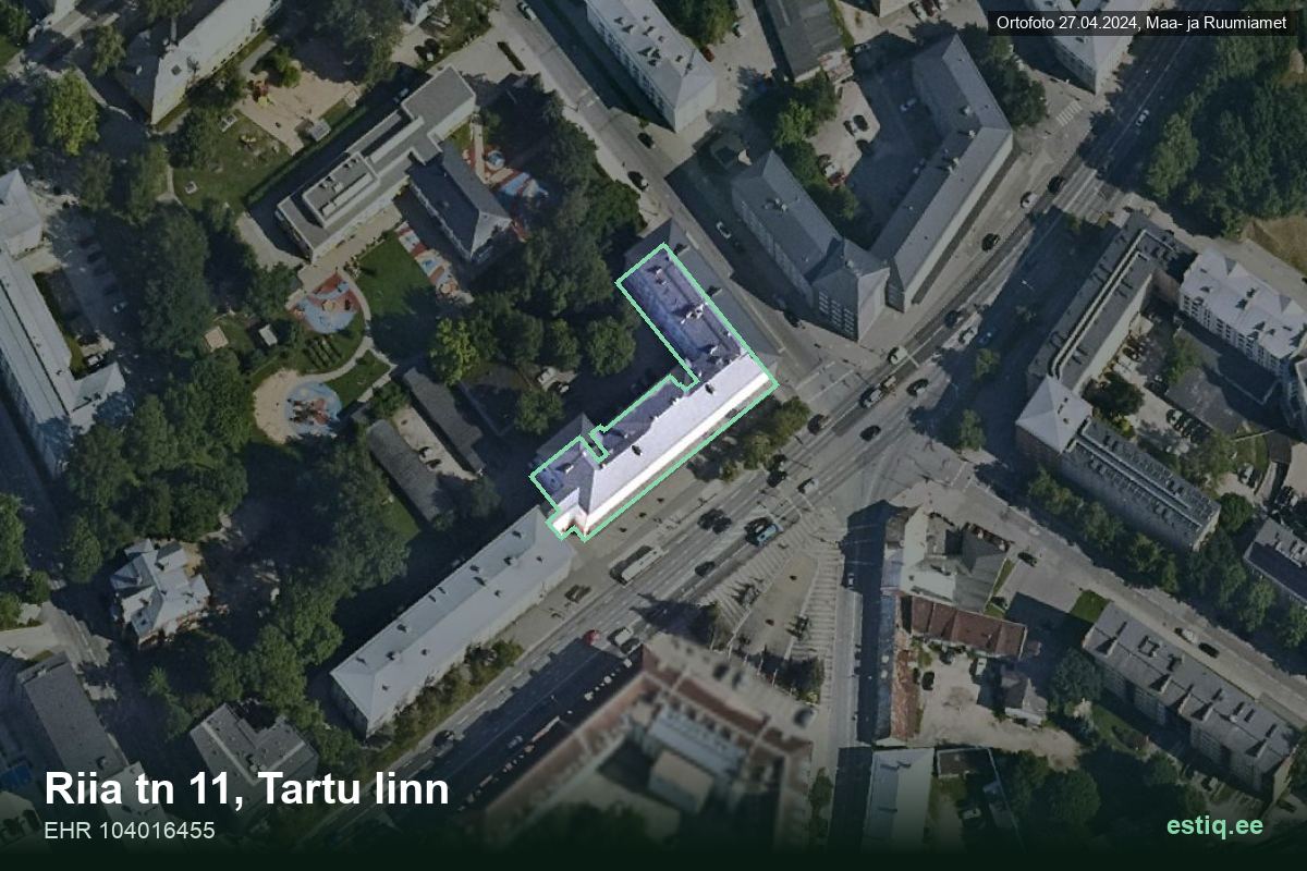 Riia tänav 11, Tartu – hoone aerofoto, kontuur ehitisregistri (EHR) andmetest