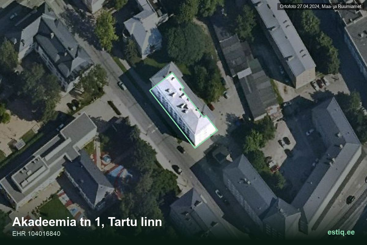 Akadeemia tänav 1, Tartu – ilmakuva rakennuksesta, ääriviiva rakennusrekisteristä (EHR)