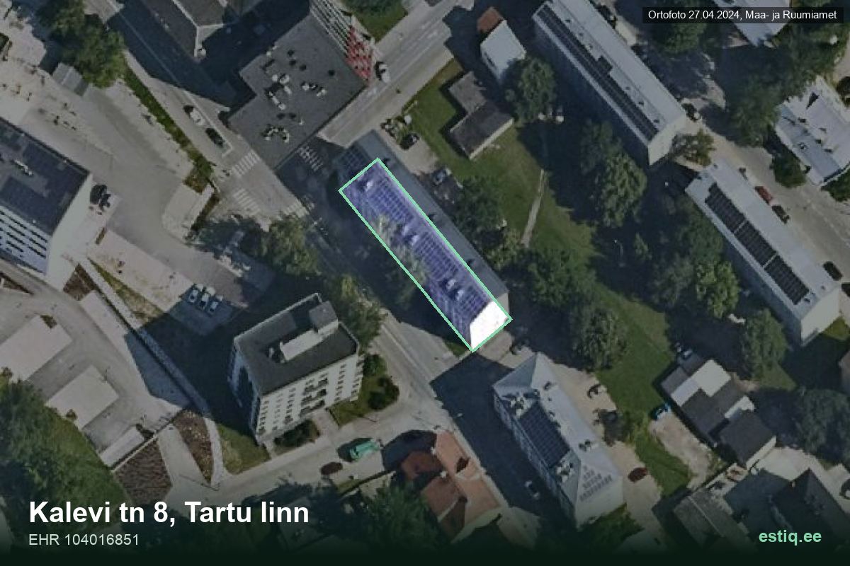 Kalevi tänav 8, Tartu – hoone aerofoto, kontuur ehitisregistri (EHR) andmetest