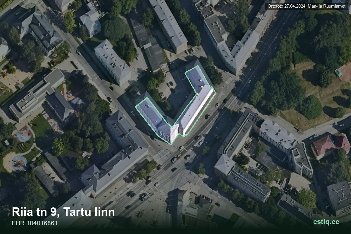 Riia tänav 9, Tartu – hoone aerofoto, kontuur ehitisregistri (EHR) andmetest