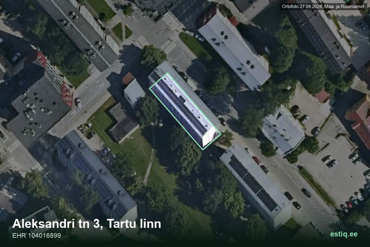 Aleksandri tänav 3, Tartu – hoone aerofoto, kontuur ehitisregistri (EHR) andmetest
