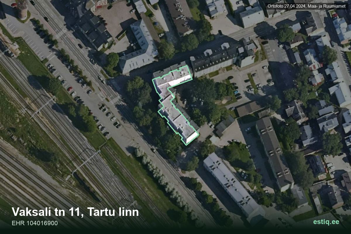 Vaksali tänav 11, Tartu – hoone aerofoto, kontuur ehitisregistri (EHR) andmetest