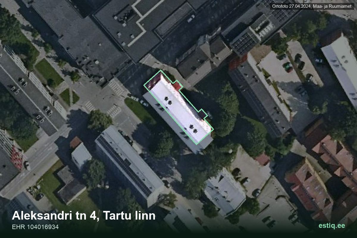 Aleksandri tänav 4, Tartu – hoone aerofoto, kontuur ehitisregistri (EHR) andmetest