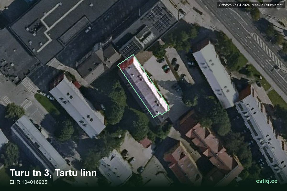 Turu tänav 3, Tartu – hoone aerofoto, kontuur ehitisregistri (EHR) andmetest