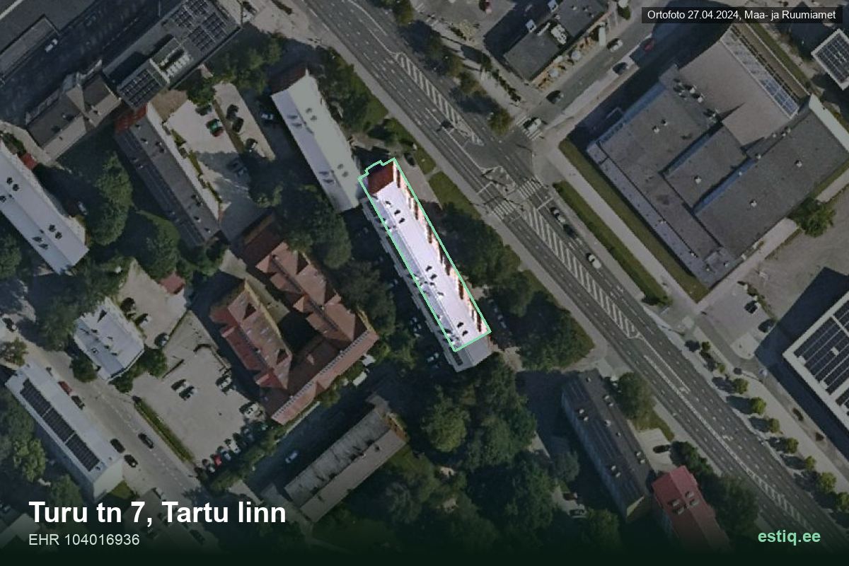 Turu tänav 7, Tartu – hoone aerofoto, kontuur ehitisregistri (EHR) andmetest