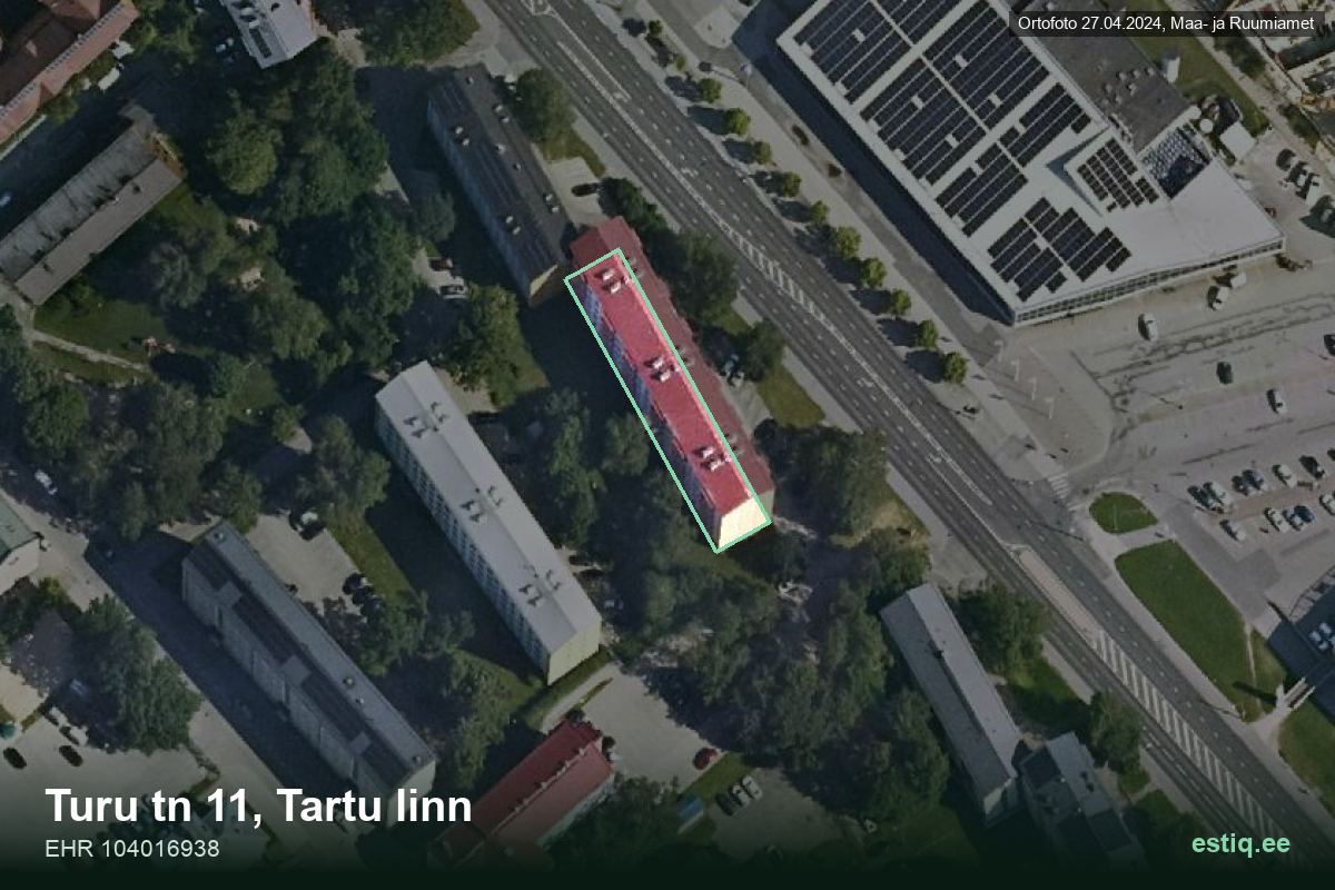Turu tänav 11, Tartu – hoone aerofoto, kontuur ehitisregistri (EHR) andmetest