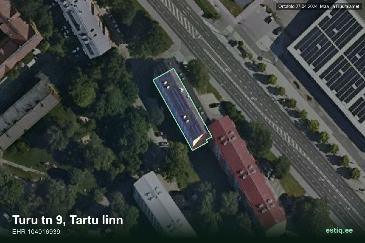 Turu tänav 9, Tartu – hoone aerofoto, kontuur ehitisregistri (EHR) andmetest