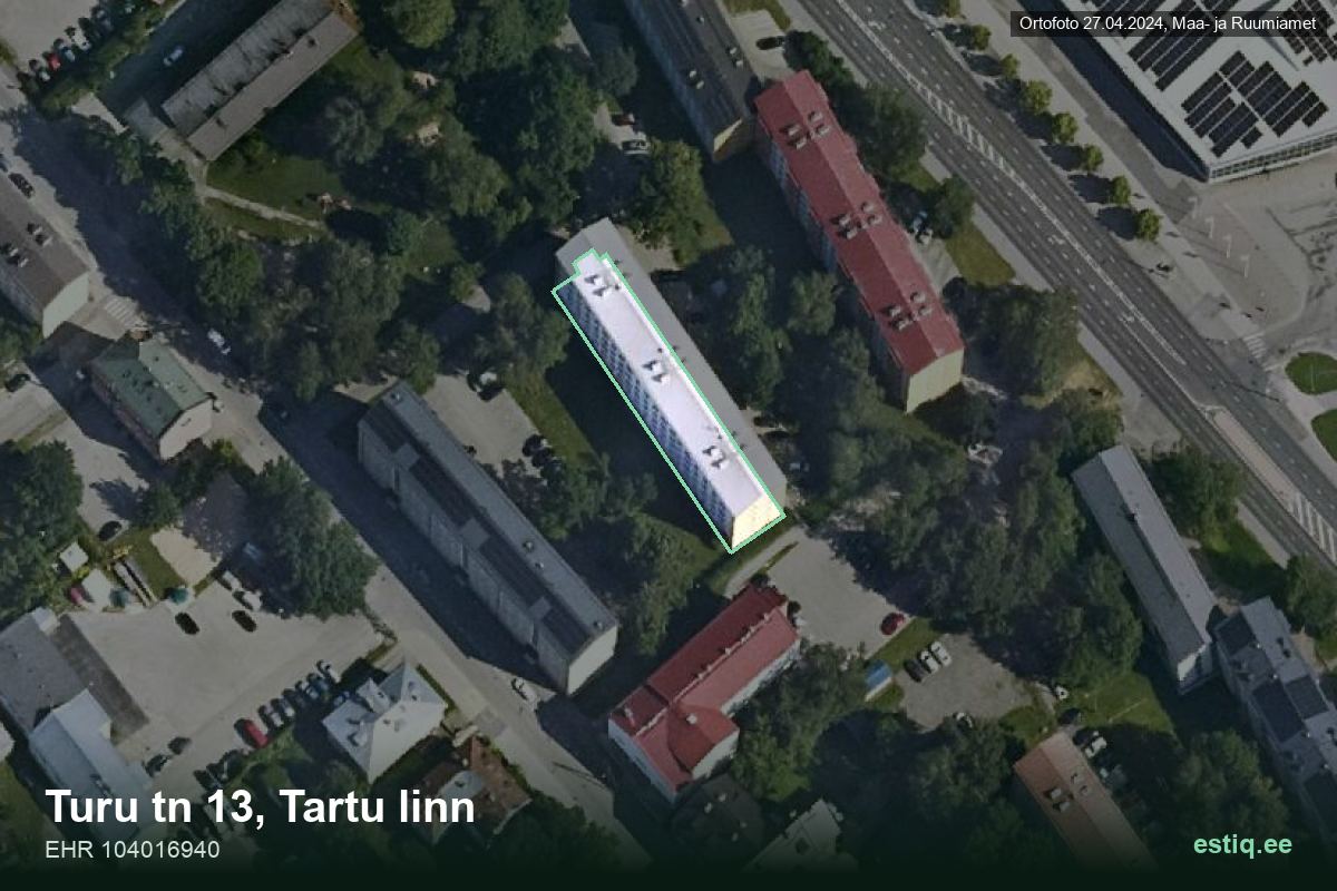 Turu tänav 13, Tartu – hoone aerofoto, kontuur ehitisregistri (EHR) andmetest
