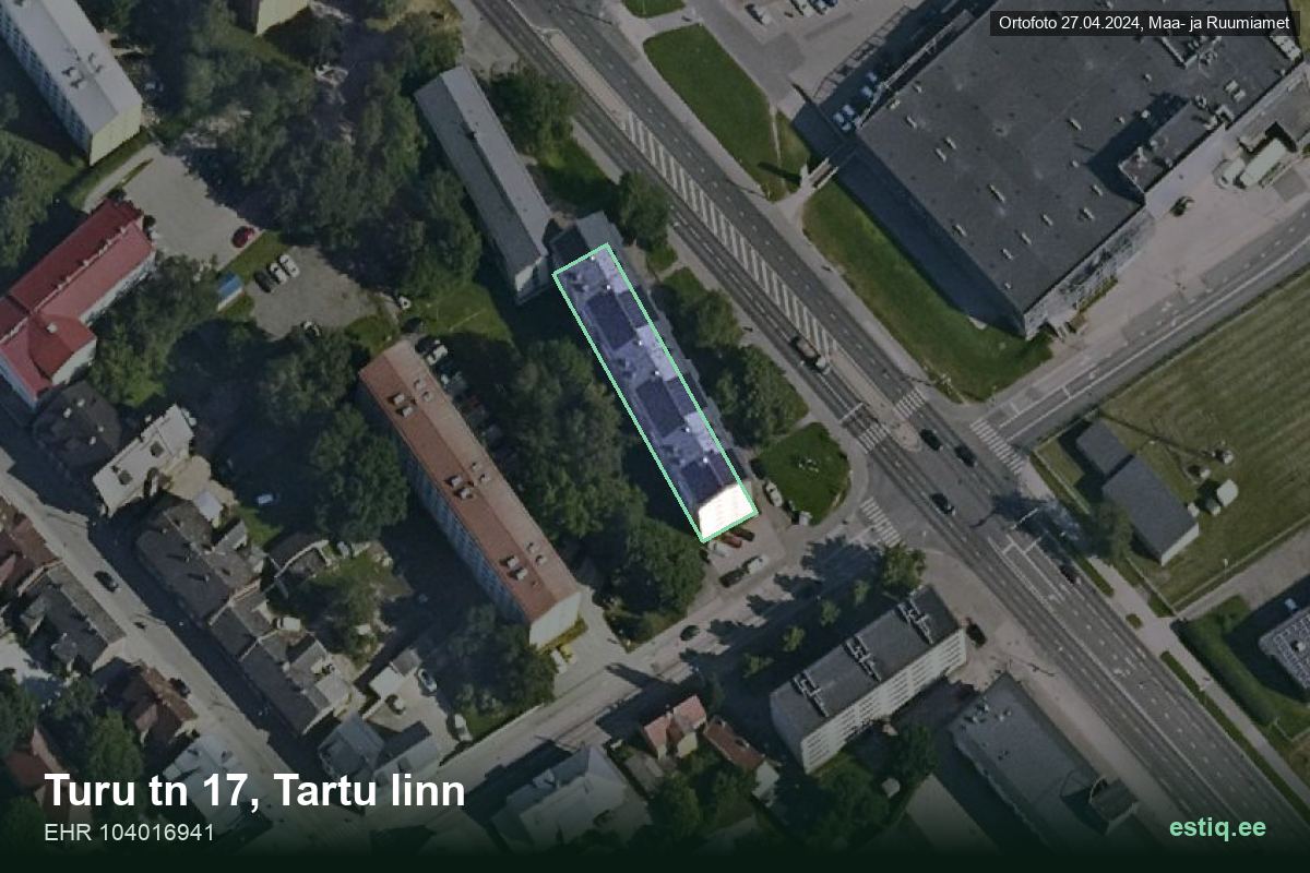 Turu tänav 17, Tartu – hoone aerofoto, kontuur ehitisregistri (EHR) andmetest