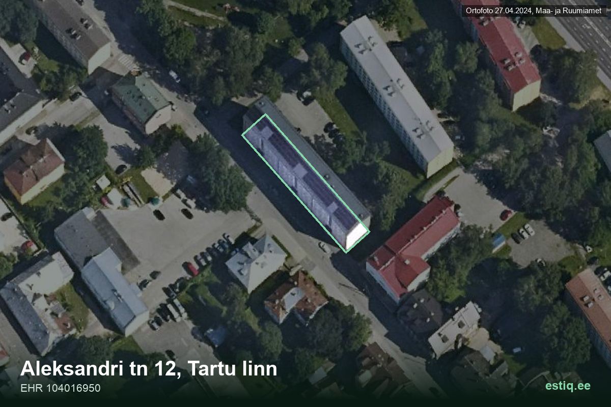 Aleksandri tänav 12, Tartu – hoone aerofoto, kontuur ehitisregistri (EHR) andmetest