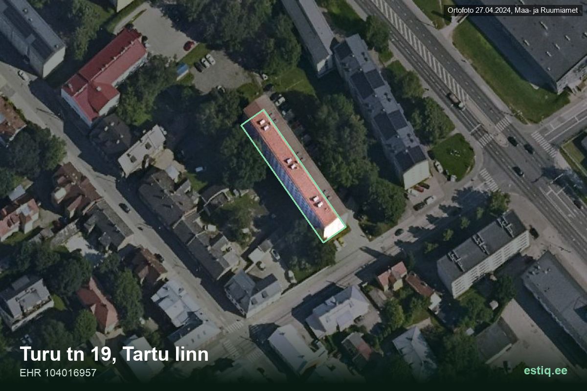 Turu tänav 19, Tartu – hoone aerofoto, kontuur ehitisregistri (EHR) andmetest