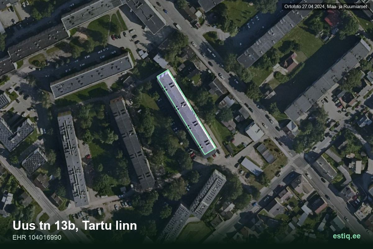 Uus tänav 13b, Tartu – hoone aerofoto, kontuur ehitisregistri (EHR) andmetest