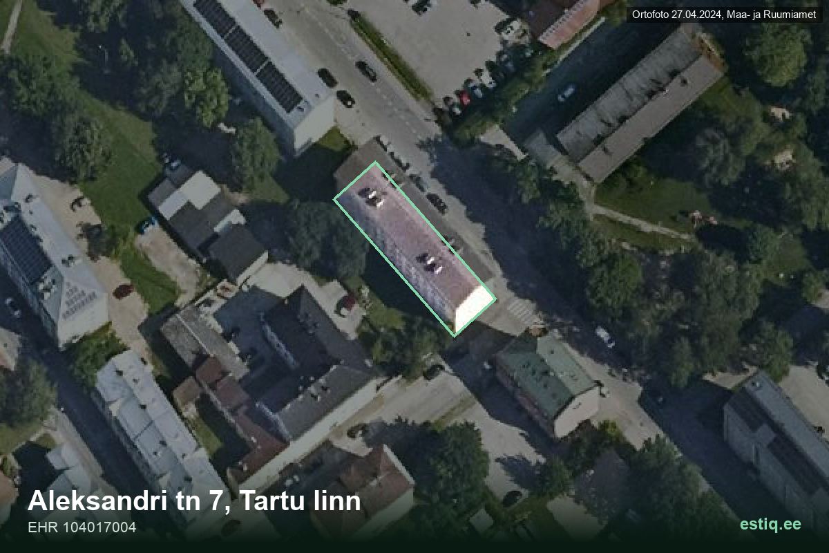 Aleksandri tänav 7, Tartu – hoone aerofoto, kontuur ehitisregistri (EHR) andmetest