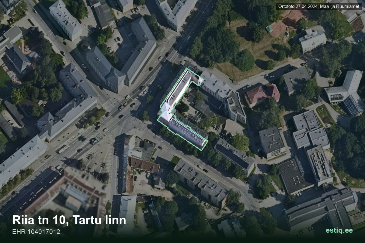Riia tänav 10, Tartu – hoone aerofoto, kontuur ehitisregistri (EHR) andmetest