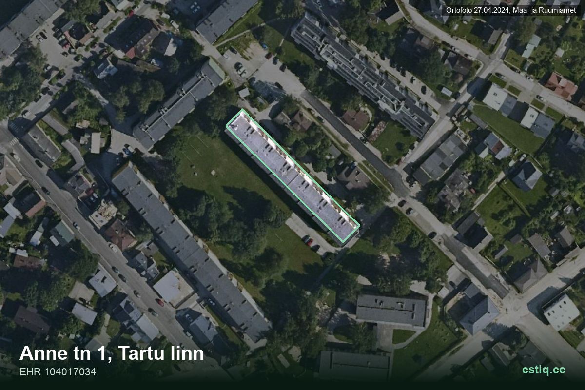 Anne tänav 1, Tartu – hoone aerofoto, kontuur ehitisregistri (EHR) andmetest