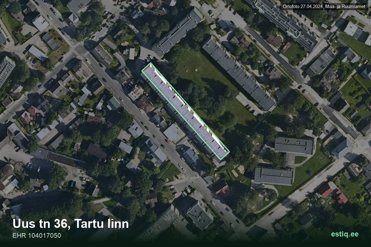 Uus tänav 36, Tartu – hoone aerofoto, kontuur ehitisregistri (EHR) andmetest