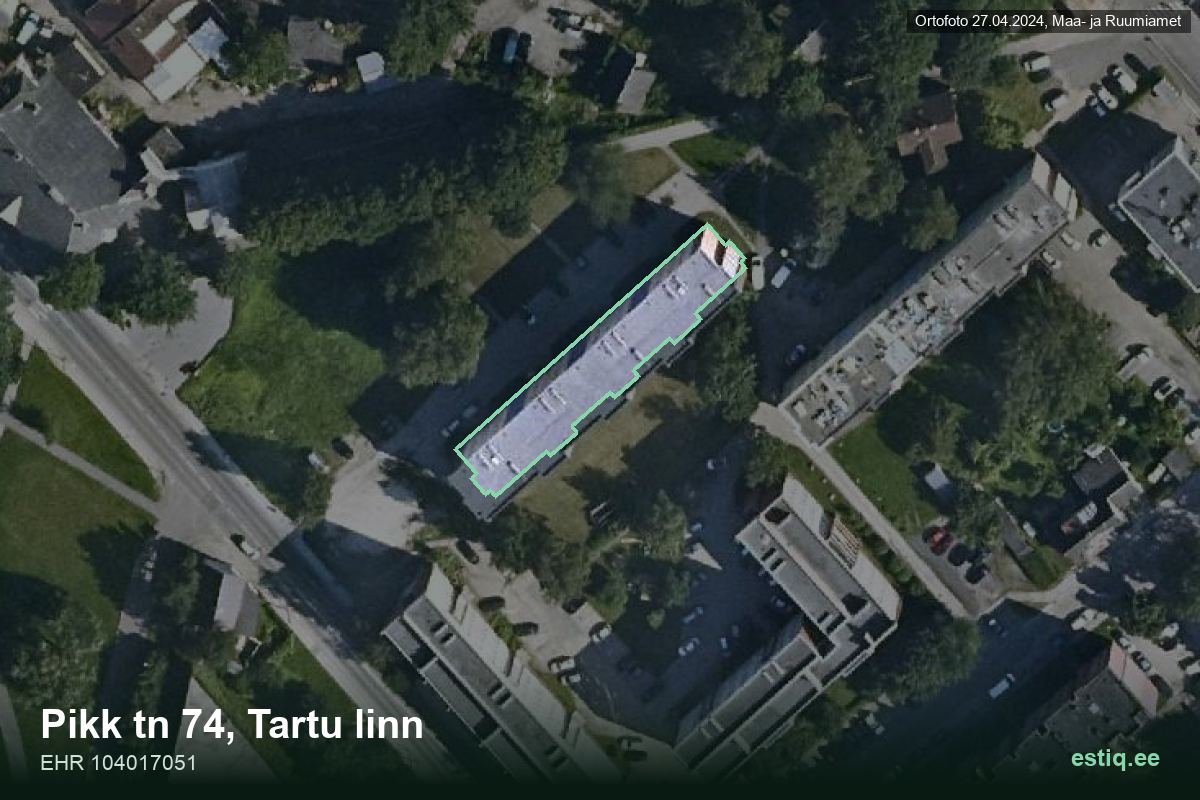 Pikk tänav 74, Tartu – hoone aerofoto, kontuur ehitisregistri (EHR) andmetest
