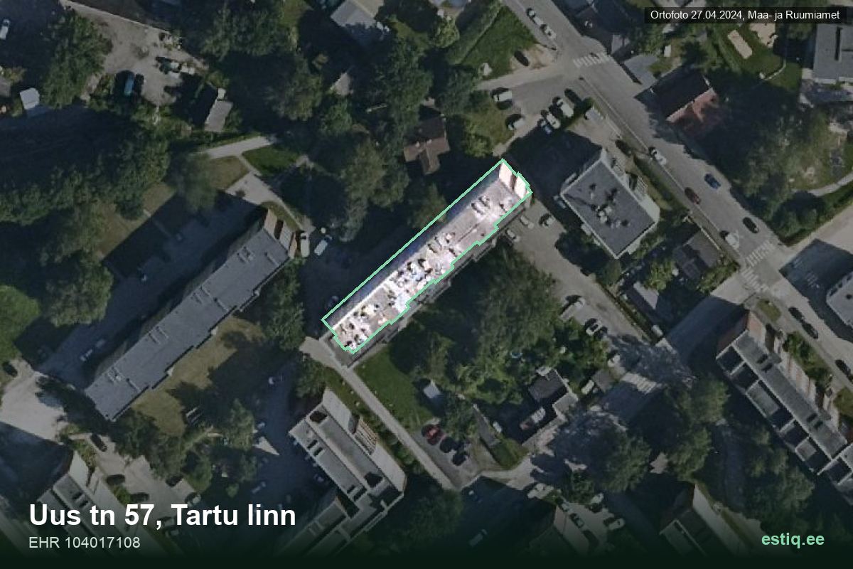 Uus tänav 57, Tartu – hoone aerofoto, kontuur ehitisregistri (EHR) andmetest