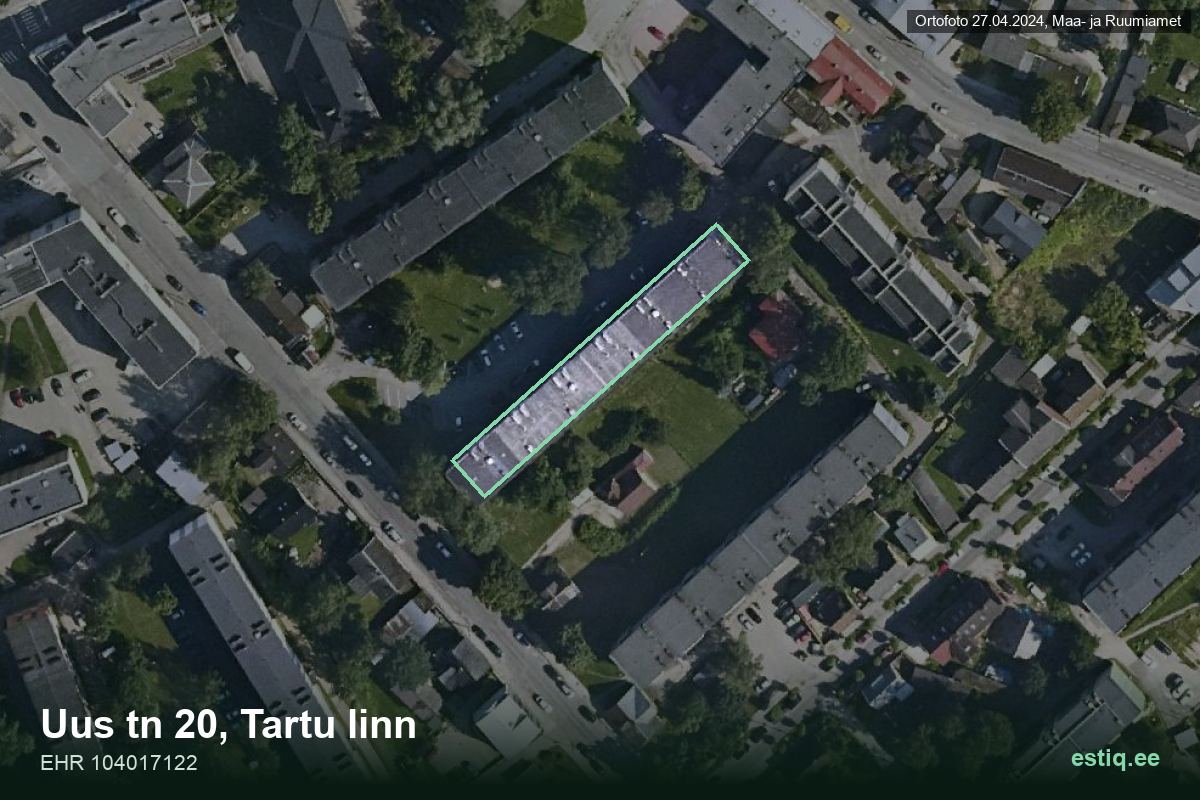 Uus tänav 20, Tartu – hoone aerofoto, kontuur ehitisregistri (EHR) andmetest