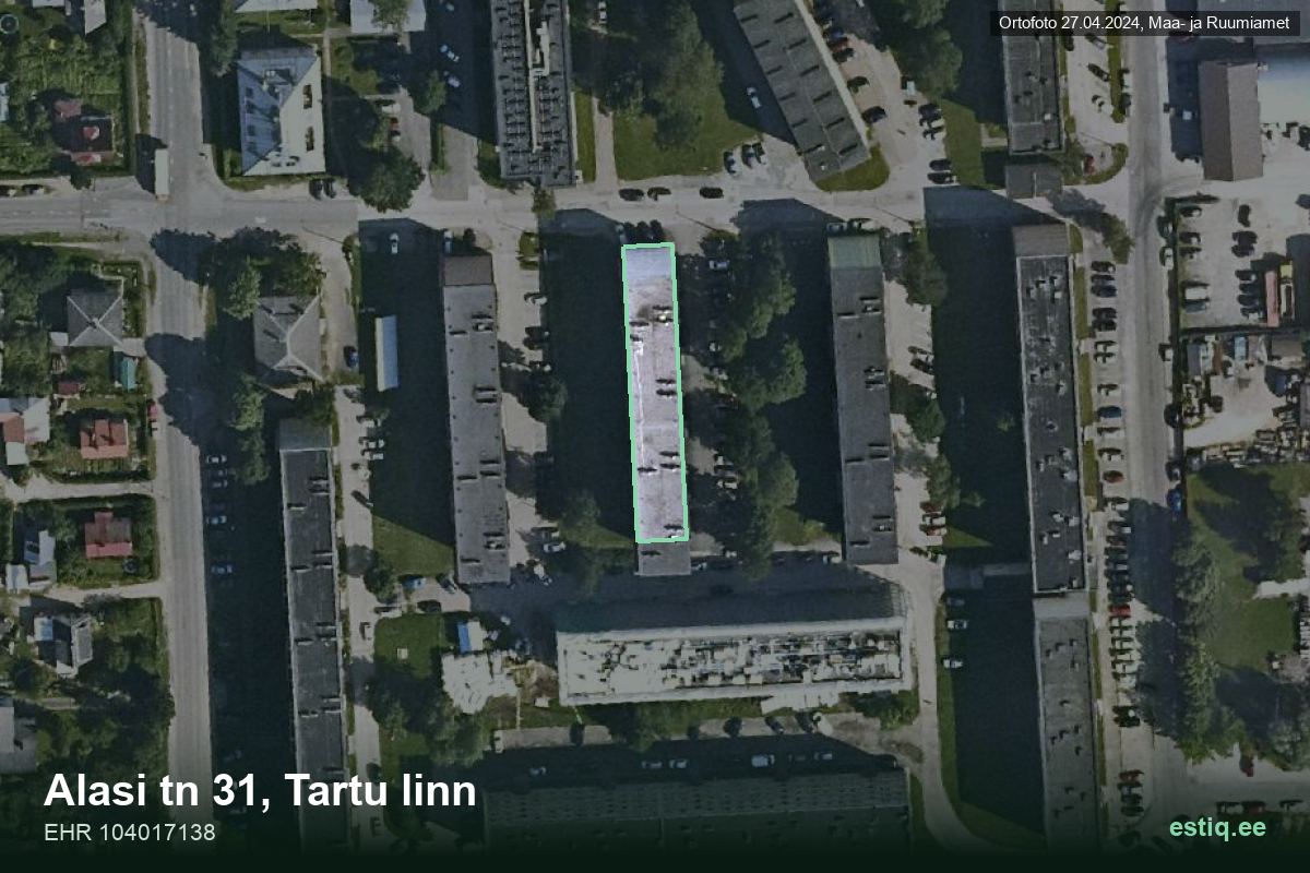 Alasi tänav 31, Tartu – аэрофото дома, контур по данным регистра строений (EHR)