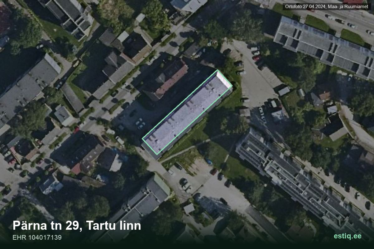 Pärna tänav 29, Tartu – ilmakuva rakennuksesta, ääriviiva rakennusrekisteristä (EHR)