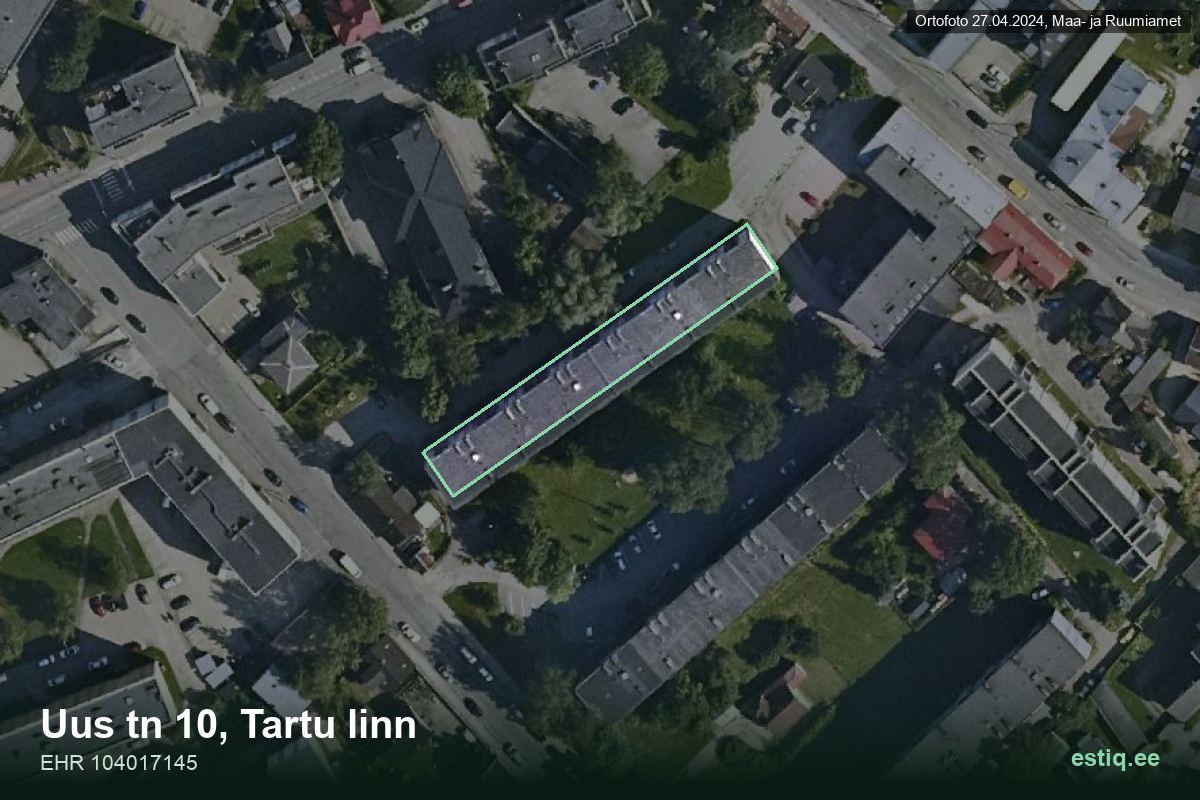 Uus tänav 10, Tartu – hoone aerofoto, kontuur ehitisregistri (EHR) andmetest