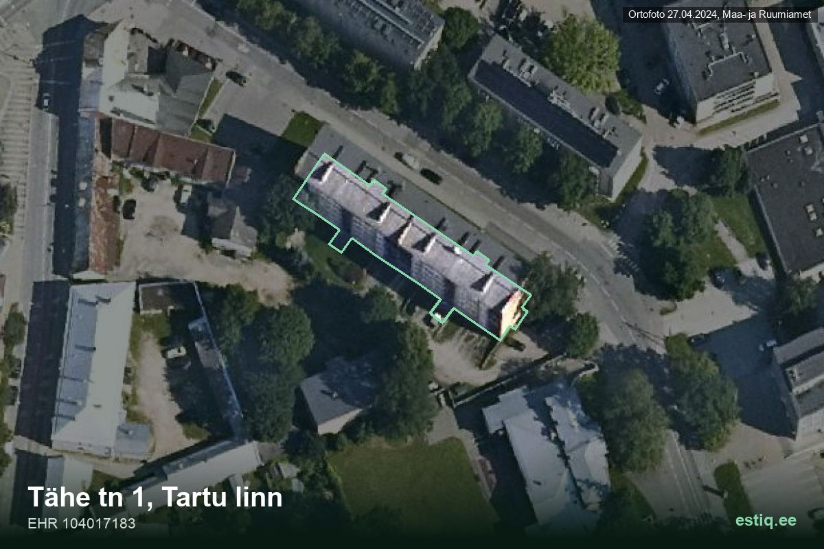 Tähe tänav 1, Tartu – hoone aerofoto, kontuur ehitisregistri (EHR) andmetest