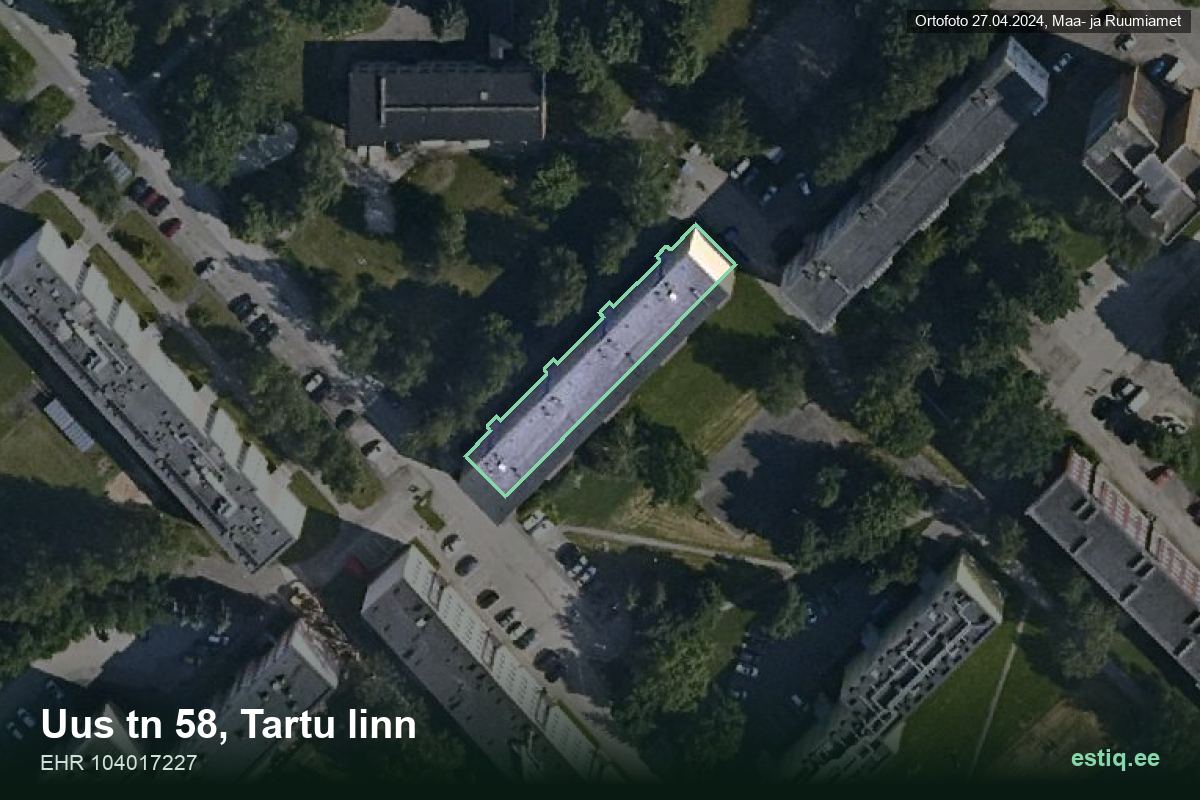 Uus tänav 58, Tartu – hoone aerofoto, kontuur ehitisregistri (EHR) andmetest