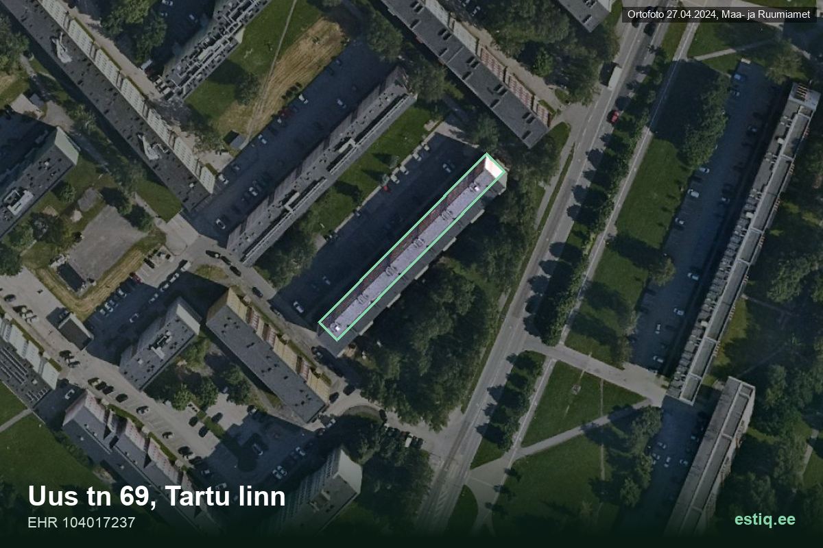 Uus tänav 69, Tartu – аэрофото дома, контур по данным регистра строений (EHR)